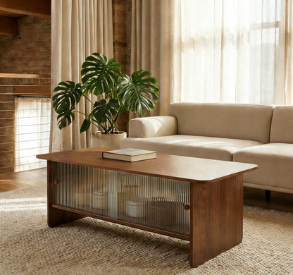 47" Coffee Table With Storage, Rectangular Mid-Century Retro Center Table, Fluted Glass Sliding Doors For Living Room Bedroom Guest Room, Walnut. image 5