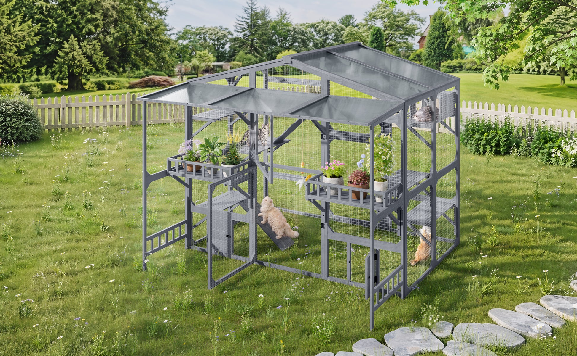 Large Outdoor Catio for 6-10 Cats, Pine Wood Cat Cage Outdoor with Weatherproof Roof, 6 Platforms, Climbing Ramp, 1 Resting Box and Cat Scratching Post, Outdoor Cat House with Storage Shelves, Grey image 9