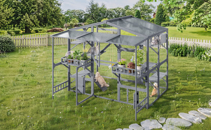 Large Outdoor Catio for 6-10 Cats, Pine Wood Cat Cage Outdoor with Weatherproof Roof, 6 Platforms, Climbing Ramp, 1 Resting Box and Cat Scratching Post, Outdoor Cat House with Storage Shelves, Grey image 9
