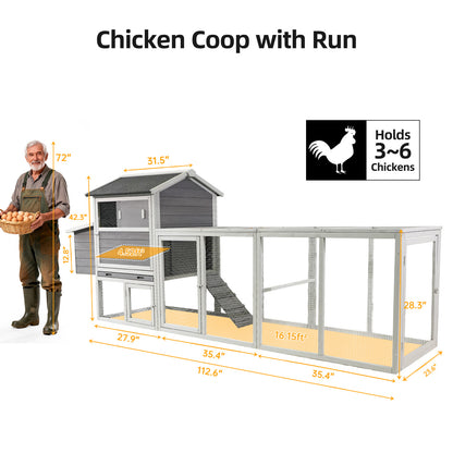 large main house, Gray Wooden Chicken Coop, Large Outdoor Hen House with Run and Nesting Box Poultry Cage, Rabbit Hutch, Waterproof Anti-UV Panel for Backyard image 2