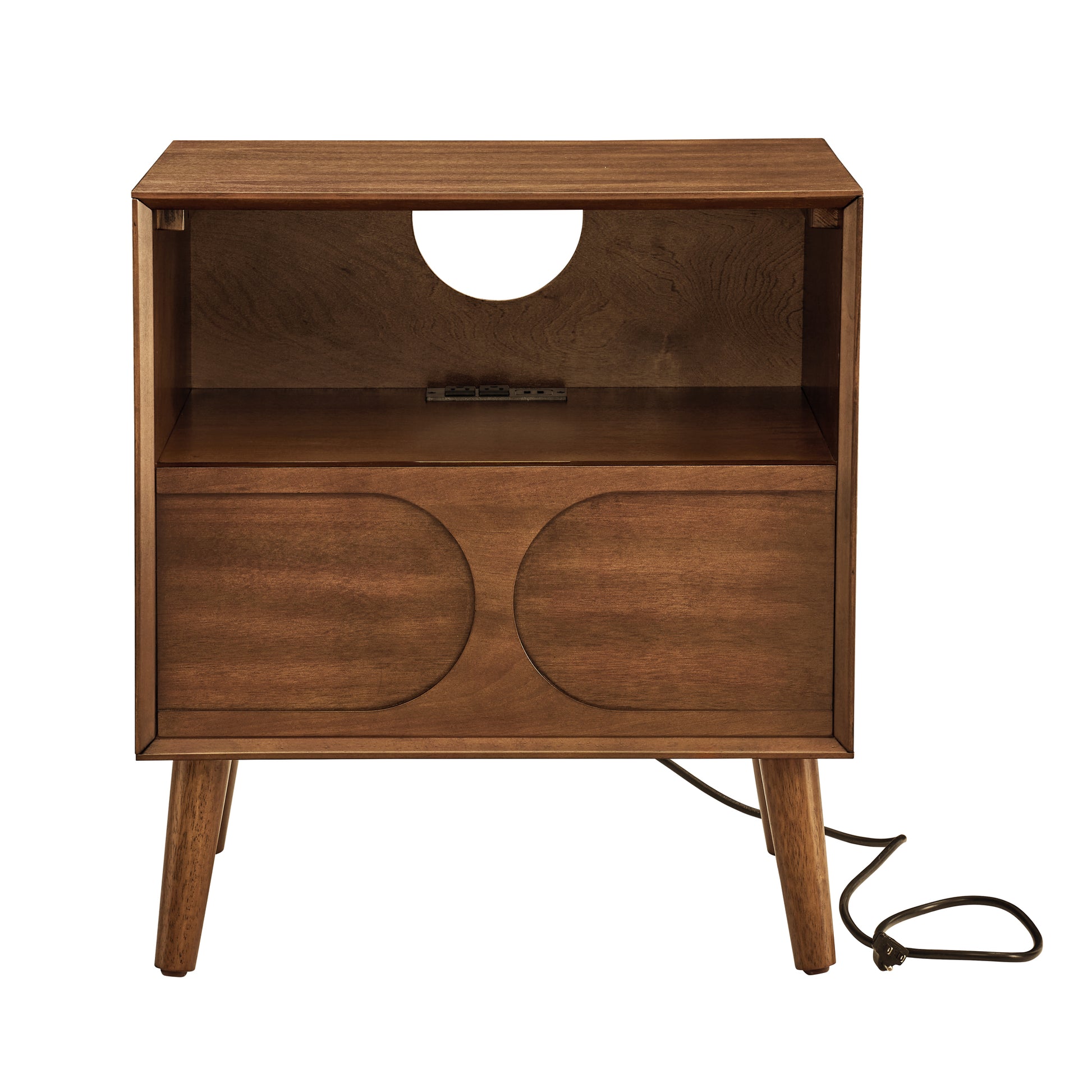 Mid Century Modern Fluted Nightstand with Charging Station USB Ports & Outlet Hole & 4 Solid Wood Legs, Farmhouse End Table with Open Space and Drawer Dresser, Walnut image 10