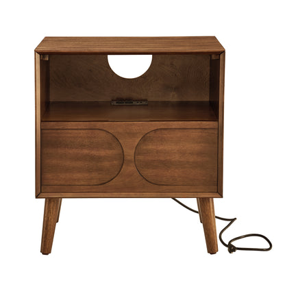 Mid Century Modern Fluted Nightstand with Charging Station USB Ports & Outlet Hole & 4 Solid Wood Legs, Farmhouse End Table with Open Space and Drawer Dresser, Walnut image 10