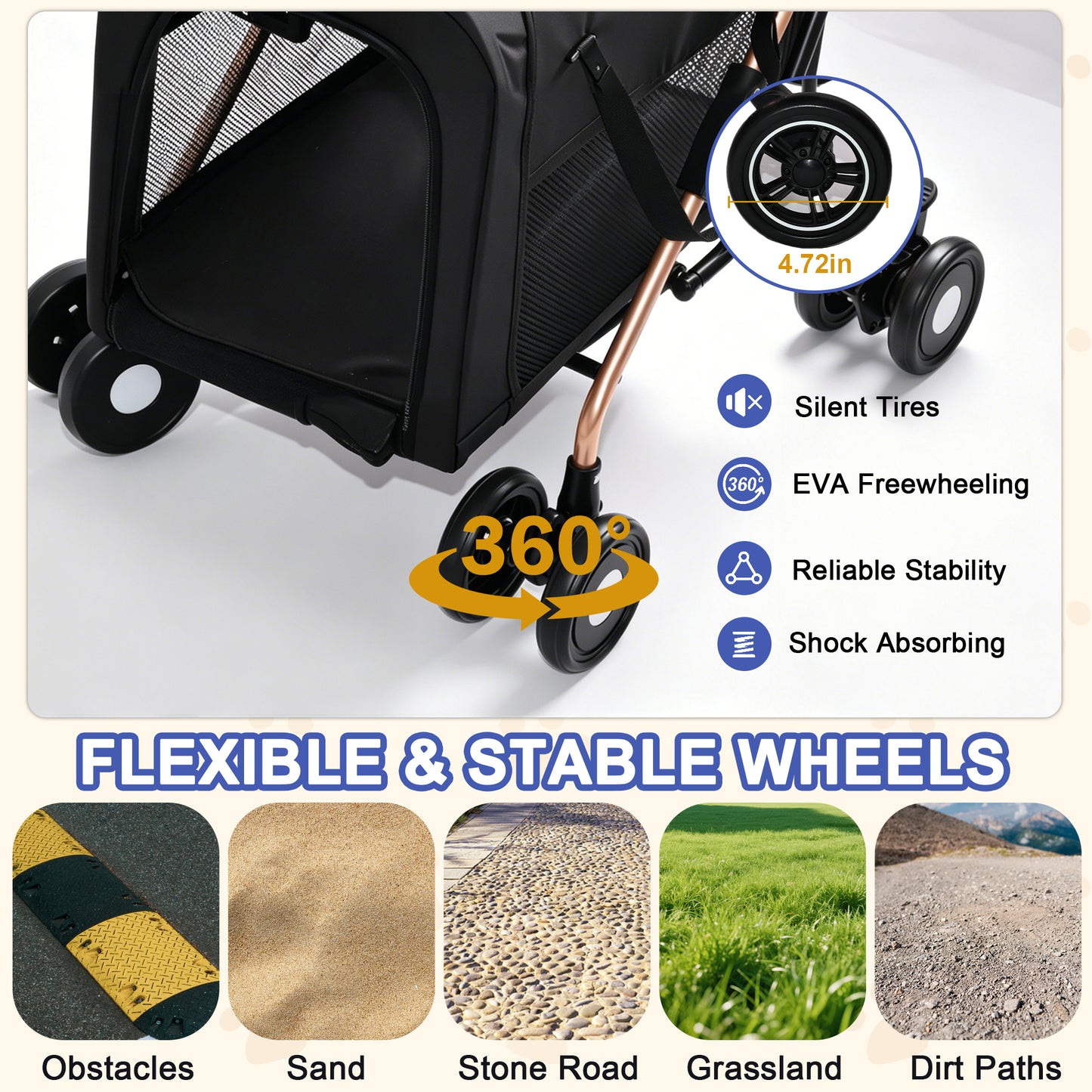 Double Pet Stroller for Dogs and Cats, Foldable Frame, 3-in-1 Convertible Carrier/Tote, Shockproof Wheels, Brake System, Fixed Safety Leashes for Small/Medium Pets in Multi-Pet Homes(Black) image 10