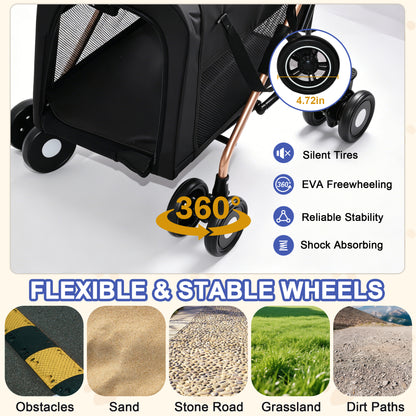 Double Pet Stroller for Dogs and Cats, Foldable Frame, 3-in-1 Convertible Carrier/Tote, Shockproof Wheels, Brake System, Fixed Safety Leashes for Small/Medium Pets in Multi-Pet Homes(Black) image 10