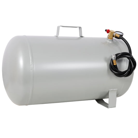 Portable 11 gallon aluminum air tank front view with pressure gauge and hose