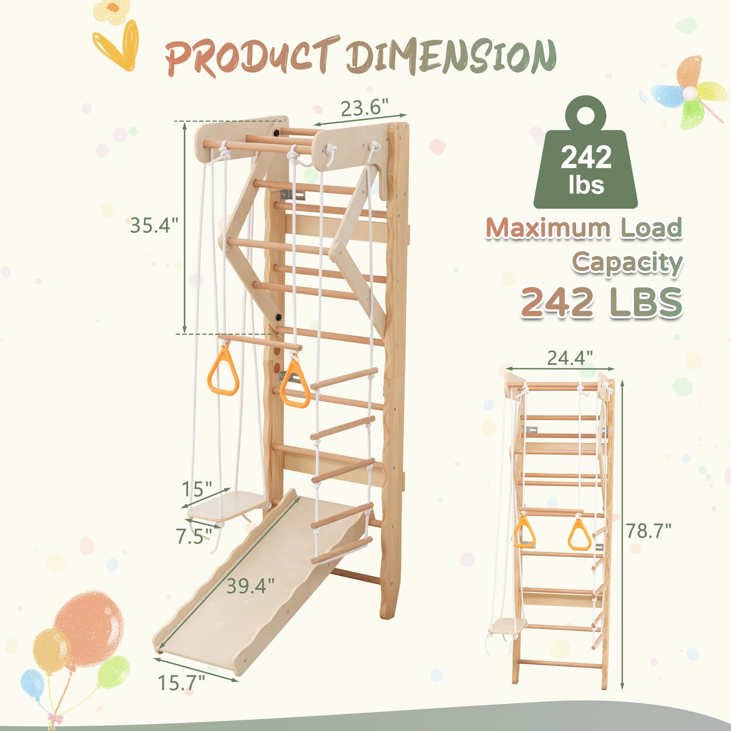 6-in-1 Swedish Ladder Wall Gym, Indoor Kids Playground with Swing, Rope Ladder, Pull-Up Bar, Slide, Gymnastic Rings, Wooden Wall Mounted Indoor Play Set for Kids & Adults image 2