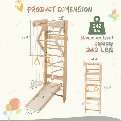 6-in-1 Swedish Ladder Wall Gym, Indoor Kids Playground with Swing, Rope Ladder, Pull-Up Bar, Slide, Gymnastic Rings, Wooden Wall Mounted Indoor Play Set for Kids & Adults image 2