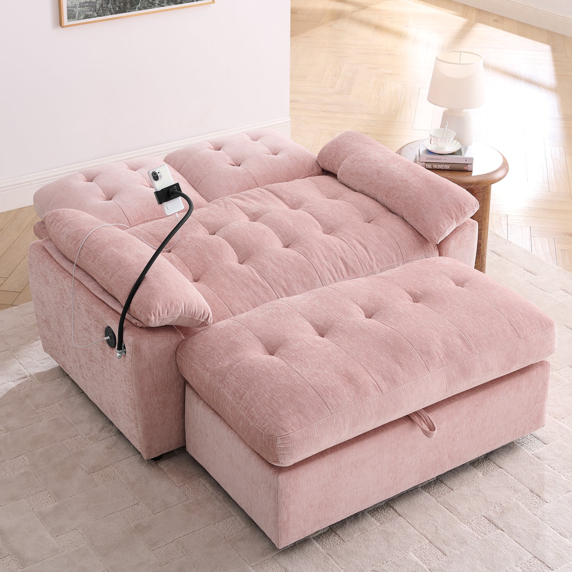 Leisure sofa chair,Double sofa recliner, with manually adjustable backrest, soft padded armrests, side USB charging port and phone stand, comes with a matching storage ottoman-Pink image 2