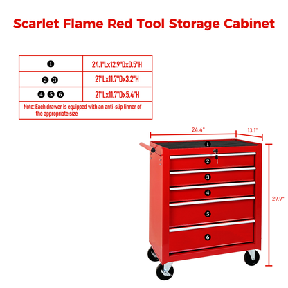 5-Drawer Rolling Tool Chest w/Lock & Key, Tool Storage Cabinet with Wheels, Top Cushion & Drawer Liners, Tool Organizer Box for Garage, Warehouse & Repair Shop-RED image 7