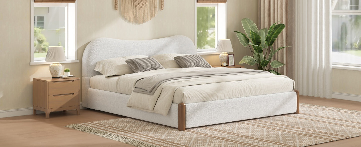 Queen Size Upholstered Platform Bed with Wood Supporting Feet, White image 6