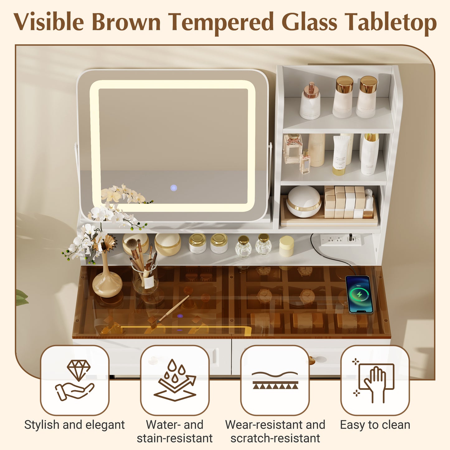 Makeup Vanity with LED Lighted Mirror, 360° Rotatable Mirror, Vanity Desk with 2 Drawers,Power Outlet and 3-Tier Shelves, Amber Glass Table Top, Dressing Table with Sturdy Metal Leg and Stool, White image 6