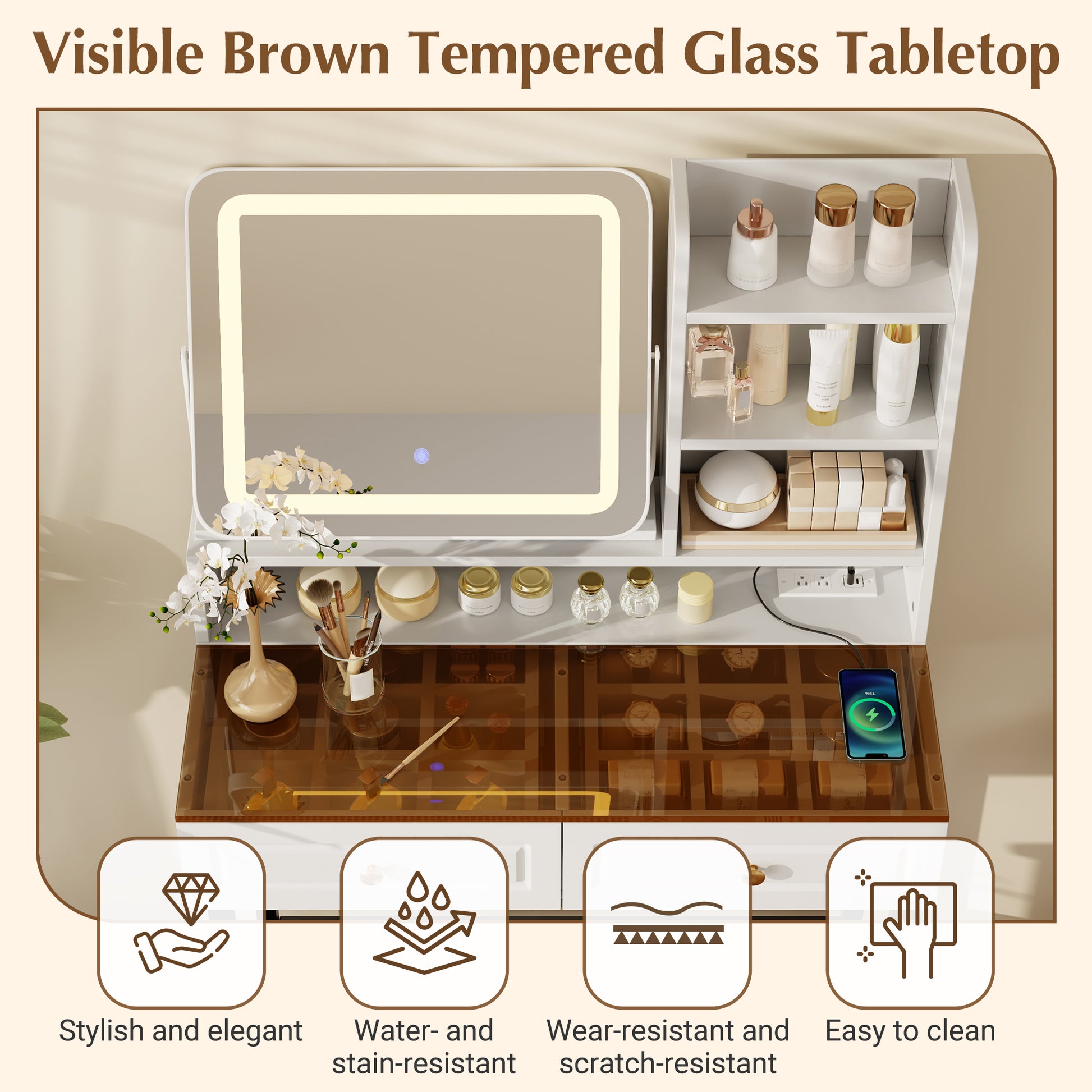 Makeup Vanity with LED Lighted Mirror, 360° Rotatable Mirror, Vanity Desk with 2 Drawers,Power Outlet and 3-Tier Shelves, Amber Glass Table Top, Dressing Table with Sturdy Metal Leg and Stool, White image 6