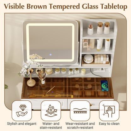 Makeup Vanity with LED Lighted Mirror, 360° Rotatable Mirror, Vanity Desk with 2 Drawers,Power Outlet and 3-Tier Shelves, Amber Glass Table Top, Dressing Table with Sturdy Metal Leg and Stool, White image 6