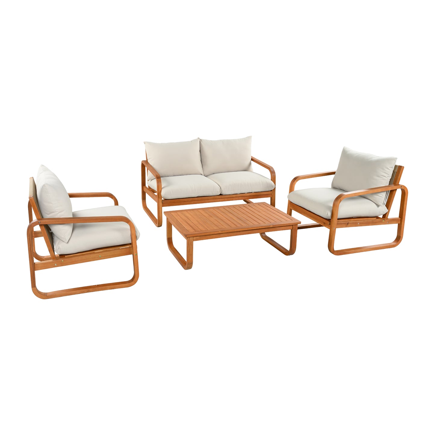 4-Piece Acacia Wood Outdoor Patio Furniture Set with Thick Cushions, Modern Outdoor Seating Set with Loveseat, 2 Single Chairs and Coffee Table, Weather-Resistant Conversation Set for Backyard, Pool image 3
