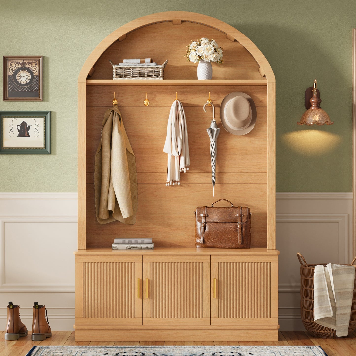Farmhouse Fabric Arched Top Hall Tree with 5 Metal Hooks, All-in-One Mudroom Furniture with Adjustable Shelves, Mid-Century Fluted Door Entryway Bench with Wood Grain Finish for Hallway, Natural image 2