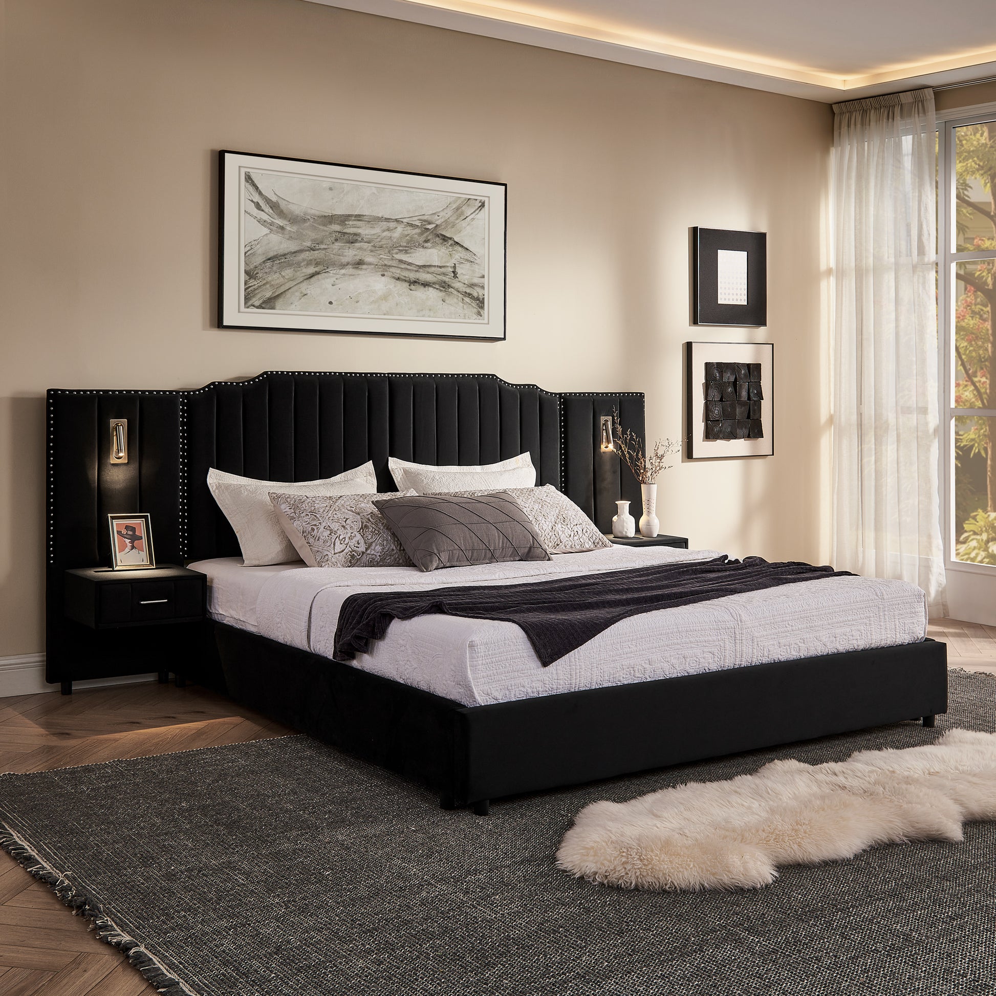 King Size Upholstered Bed Frame with Velvet Fabric, Vertical Stripe Design with Buttons Around King Size Platform Bed with Headboard, Solid Frame & Bedside Table - No Box Spring Needed-Black image 1