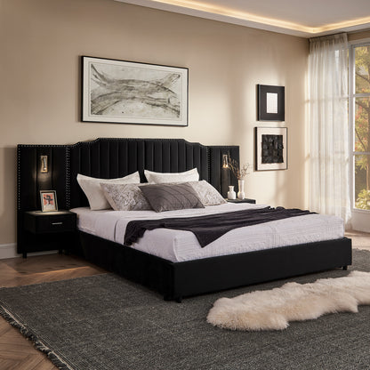 King Size Upholstered Bed Frame with Velvet Fabric, Vertical Stripe Design with Buttons Around King Size Platform Bed with Headboard, Solid Frame & Bedside Table - No Box Spring Needed-Black image 1