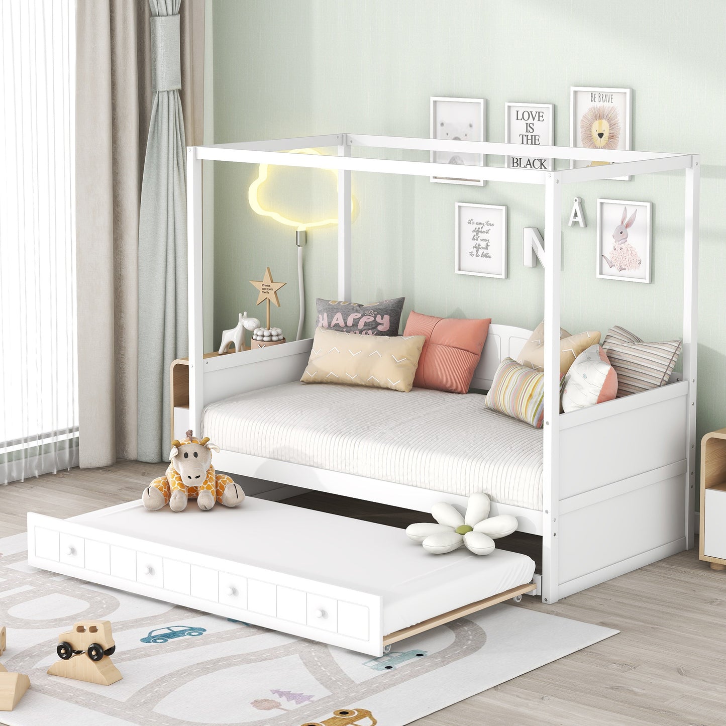Twin Size Canopy Day Bed with twin size Trundle, White(Old SKU:N708P373423K) image 1