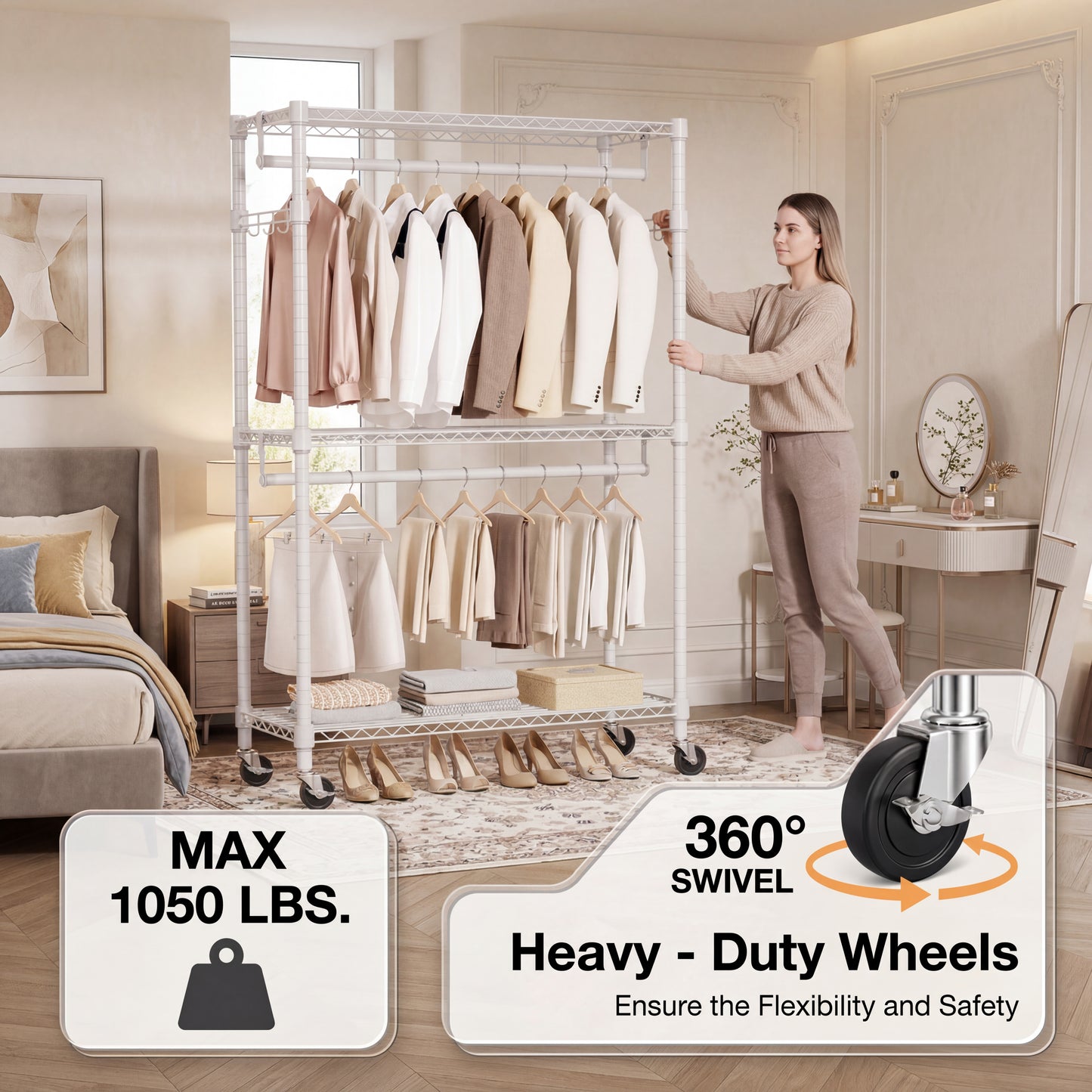 Heavy Duty Rolling Garment Rack 3 Tiers Adjustable Wire Shelving Clothes Rack with 2 Rods and Side Hooks,Storage Closet Clothing Rack with Wheels White 15.7" D x 29.5" W x 74.5" H image 2