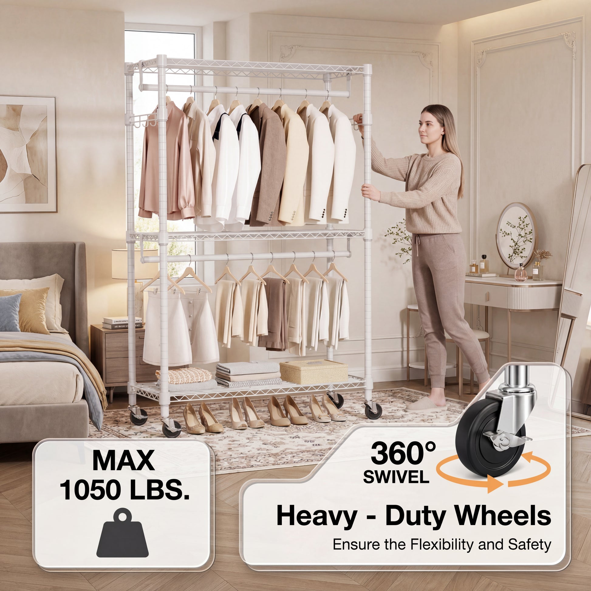 Heavy Duty Rolling Garment Rack 3 Tiers Adjustable Wire Shelving Clothes Rack with 2 Rods and Side Hooks,Storage Closet Clothing Rack with Wheels White 15.7" D x 29.5" W x 74.5" H image 2