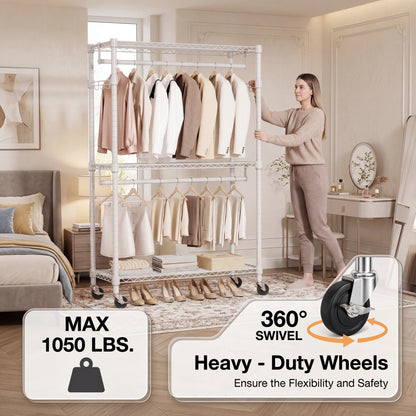 Heavy Duty Rolling Garment Rack 3 Tiers Adjustable Wire Shelving Clothes Rack with 2 Rods and Side Hooks,Storage Closet Clothing Rack with Wheels White 15.7" D x 29.5" W x 74.5" H image 2