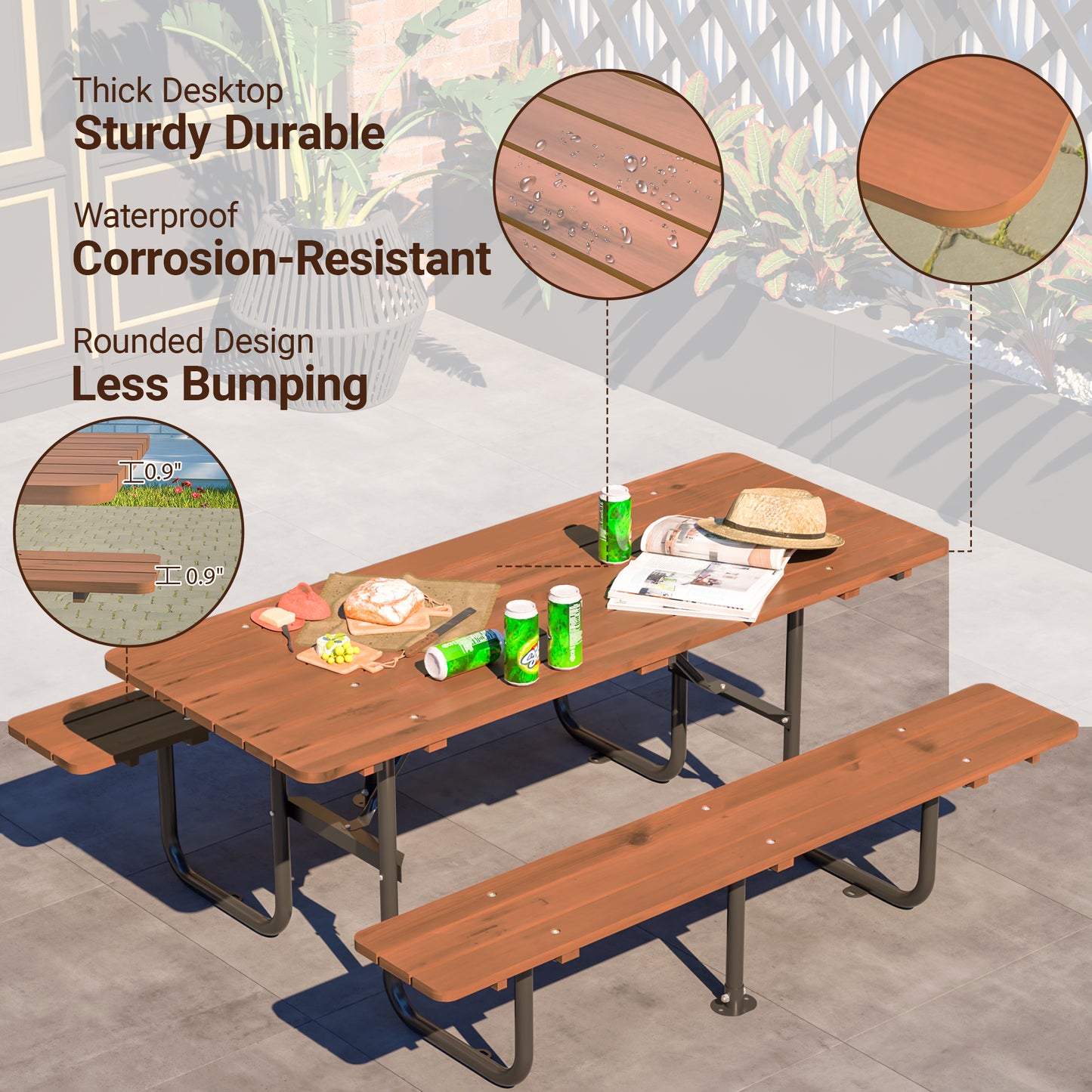 72" Rectangular Outdoor Picnic Table for 6 Person,Heavy Duty Wooden Dining Set with Built-in Benches, 1.97" Umbrella Hole, Waterproof&Corrosion-Resistant, Ideal for Garden, Backyard, BBQ,Courtyardfa image 4