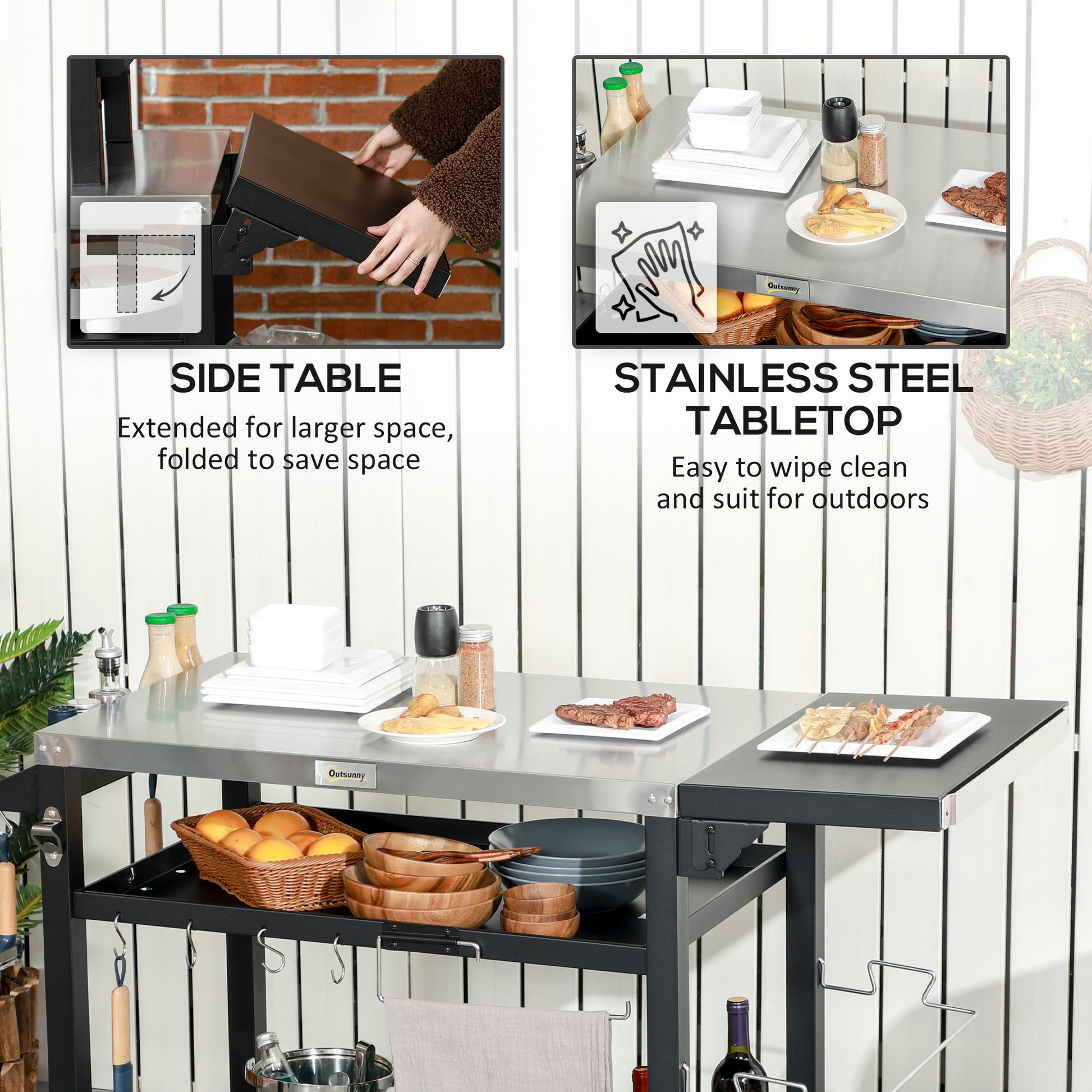 Outsunny Outdoor Grill Cart with Foldable Side Table, 46" x 21.75" Multifunctional Stainless Steel Pizza Oven Stand with Three-Shelf, Movable Food Prep Table on Wheels, Black image 5