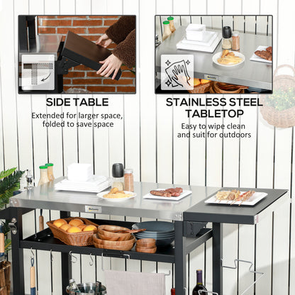 Outsunny Outdoor Grill Cart with Foldable Side Table, 46" x 21.75" Multifunctional Stainless Steel Pizza Oven Stand with Three-Shelf, Movable Food Prep Table on Wheels, Black image 5