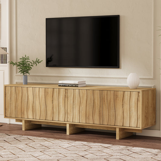[Video Provided] Retro Style Wood Grain TV Stand with Wavy Door for TVs up to 75", Rustic Media Console with Ample Storage Space, Sturdy Base TV Cabinet with Cable Management for Living Room, Natural image 1