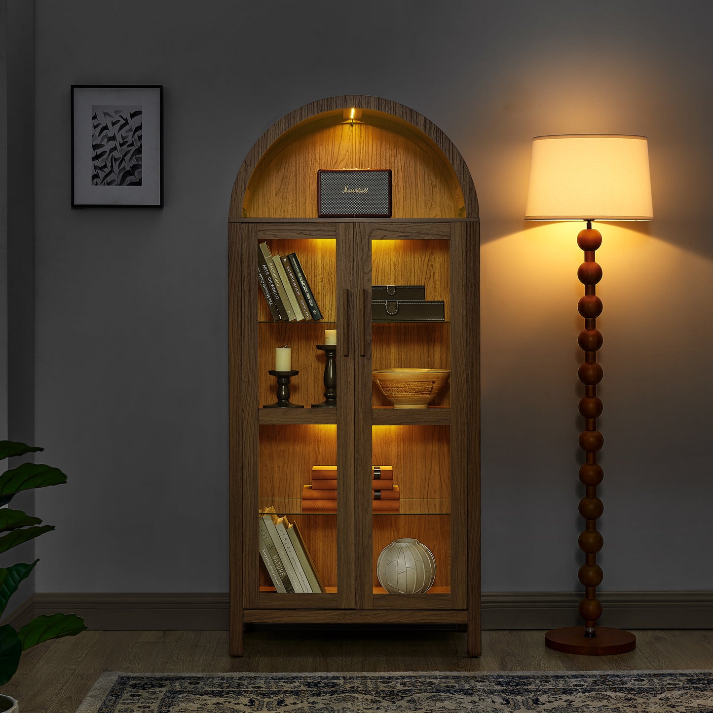 A high arched storage cabinet with a lamp, a modern retro-style wooden storage cabinet with adjustable glass partitions, suitable for use as a multi-functional cabinet in kitchens-Brown image 1