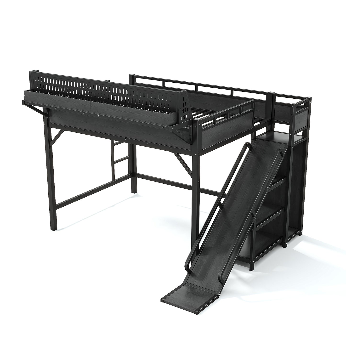 Queen Size Loft Bed with Slide, Storage Shelves and Built-in Wardrobe, Metal Loft Bed Frame with USB Ports and LED Lights, with Pegboard, Safety and Solid, Black image 10