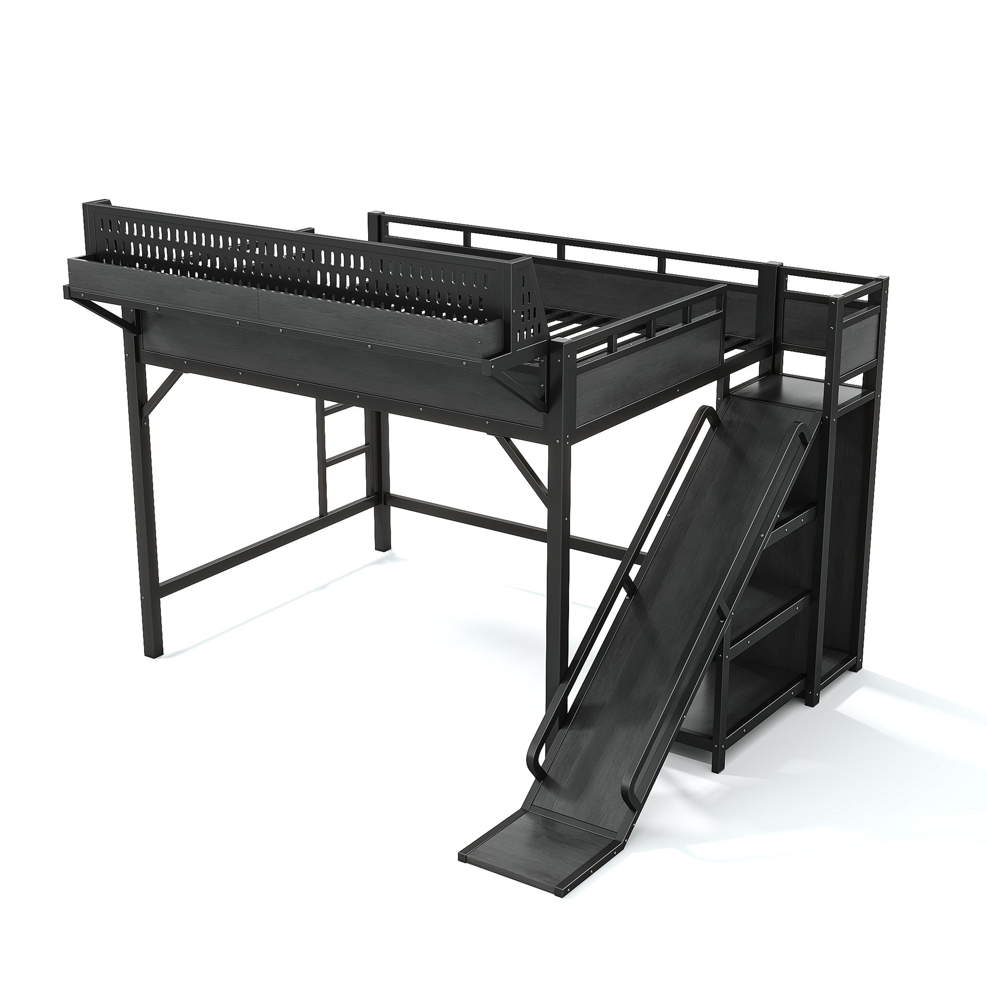 Queen Size Loft Bed with Slide, Storage Shelves and Built-in Wardrobe, Metal Loft Bed Frame with USB Ports and LED Lights, with Pegboard, Safety and Solid, Black image 10