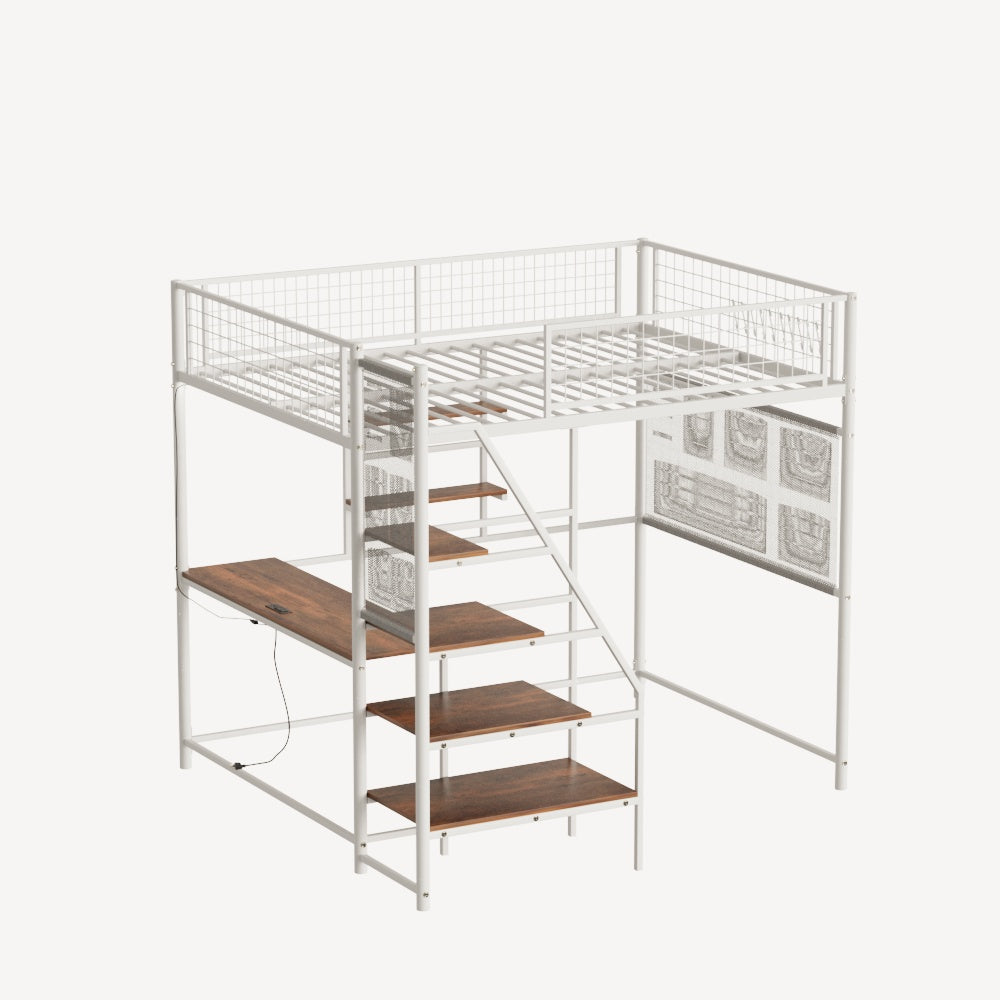 Full size loft metal bed with white for bedroom and dormitory, with built-in charging station and LED lighting image 7
