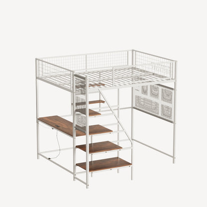 Full size loft metal bed with white for bedroom and dormitory, with built-in charging station and LED lighting image 7