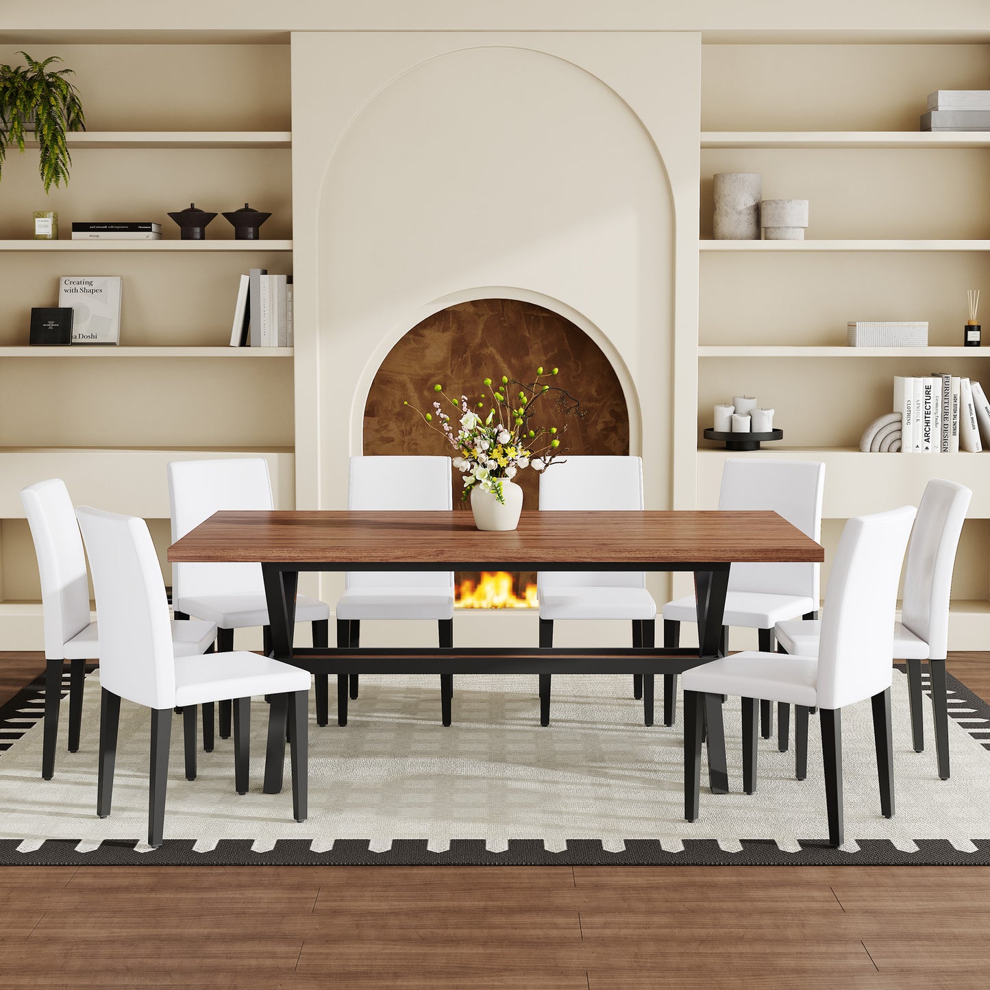 Table and chair set. 71 * 35.4 inch walnut MDF splicing desktop with X-shaped metal frame dining table.Includes 8 white PU dining chairs With Black Metal Legs.Making it an ideal choice for home. image 3