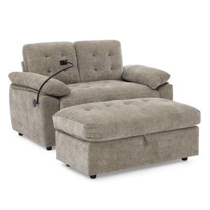Leisure sofa chair,Double sofa recliner, with manually adjustable backrest, soft padded armrests, side USB charging port and phone stand, comes with a matching storage ottoman-Brown image 12