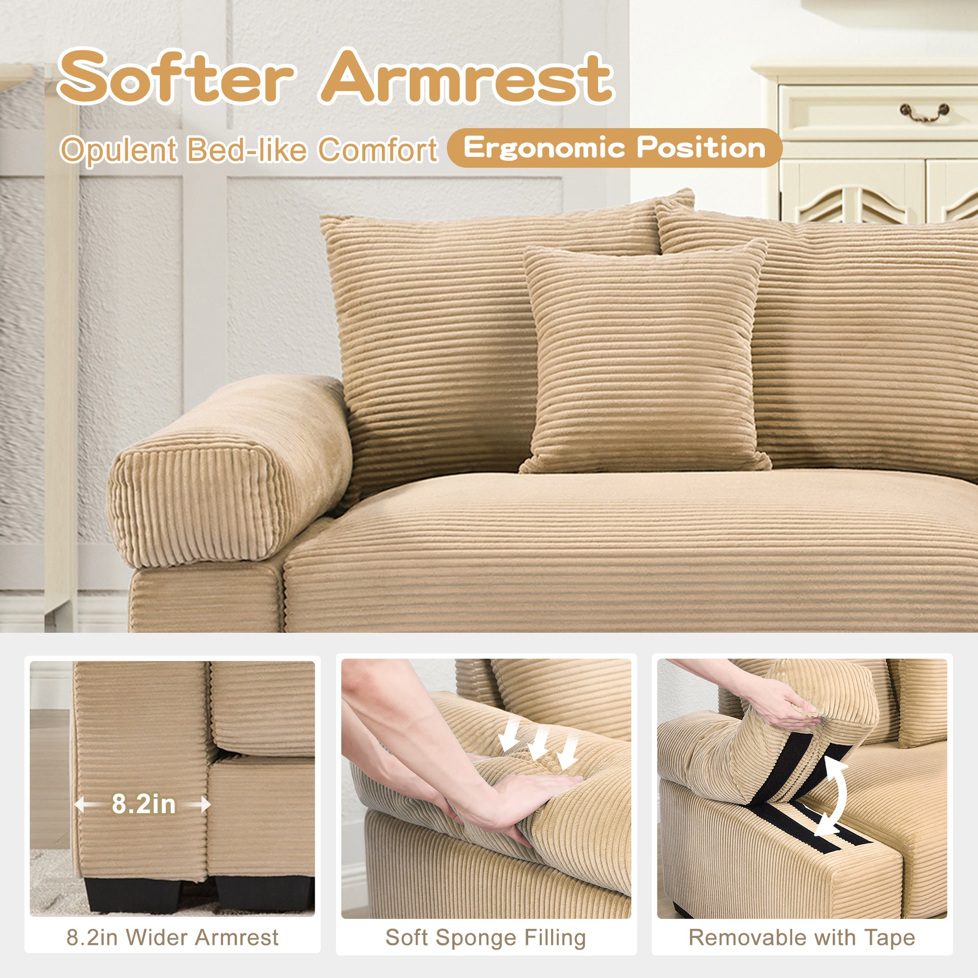 54.3" Oversized Cloud Modular Sectional Couch,Extra-Thick Armrests Good Resilience Cushions Ergonomic Design Premium Soft Corduroy Fabric,Easy Assembly For Living Rooms Study,Camel image 8
