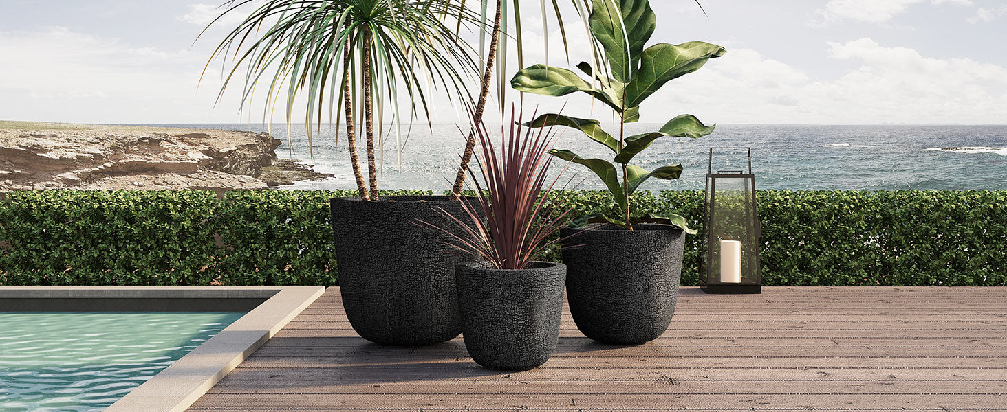U_STYLE Lightweight MGO Planter Set of 3,16.93"+13.78"+11.02" Dia Round Concrete Stackable Flower Pots with Drainage Holes and Rubber Plug,Crackle Stone Texture for Patio Garden Balcony Indoor Outdoor image 4