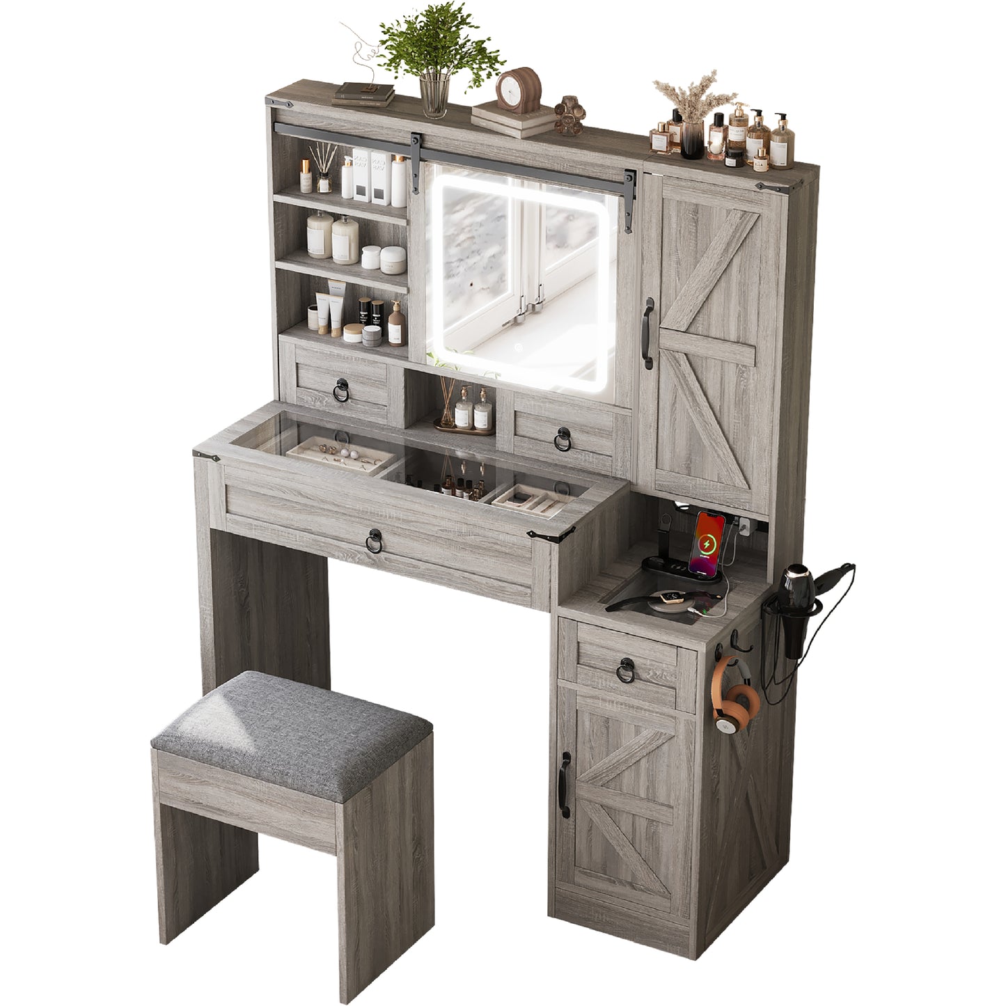 Farmhouse Vanity Desk with Sliding Mirror and Lights, Vanity Set with Glass Top and Charging Station,Dressing Table with 4 Drawers and 2 Cabinets, Dressing Table with Stool for Bedroom, Gray image 4