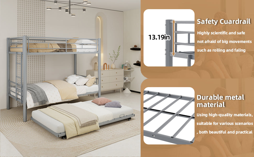 Silver Twin Metal Triple Bunk Bed Frame – Versatile Convertible 3-in-1 Design, Heavy-Duty Steel, Sleek Silver Finish, Ideal for Dorms/Guest Rooms image 5