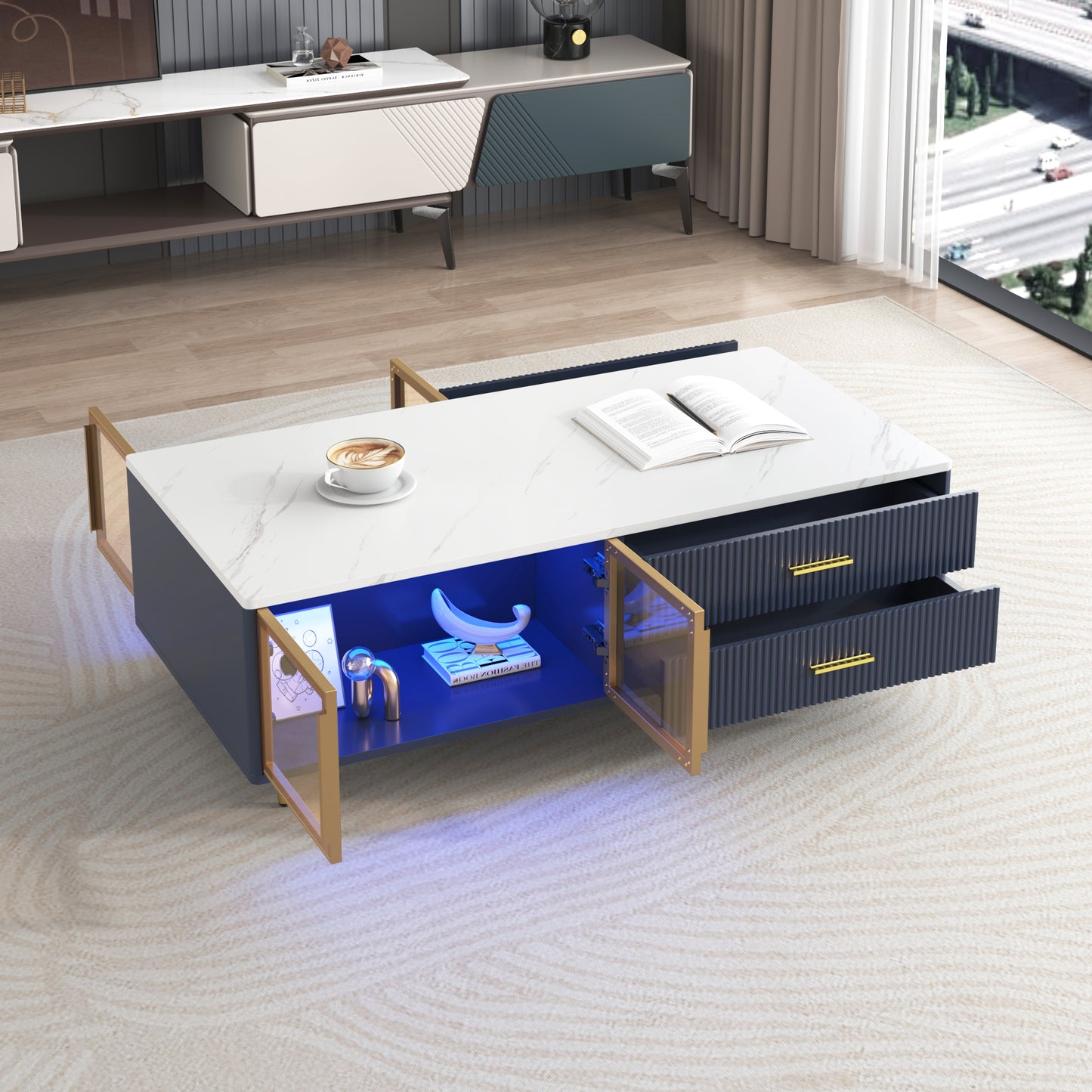 Modern Navy Blue Coffee Table with 2 Glass Door Storage, 4 Drawers, Gold Metal Legs, and Multi-Color Lighting in 47.2'' image 4