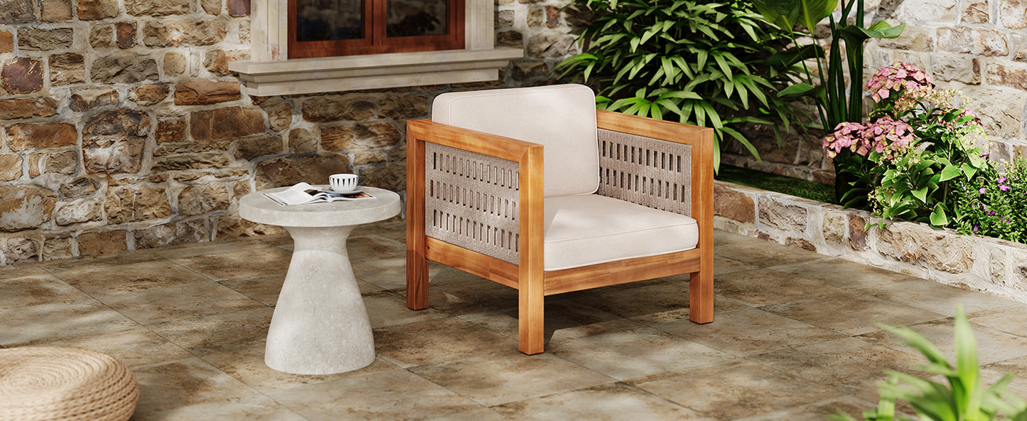 Acacia Wood Outdoor Club Chair with Beige Rope Arm and Beige Cushions,400 lbs Capacity image 4