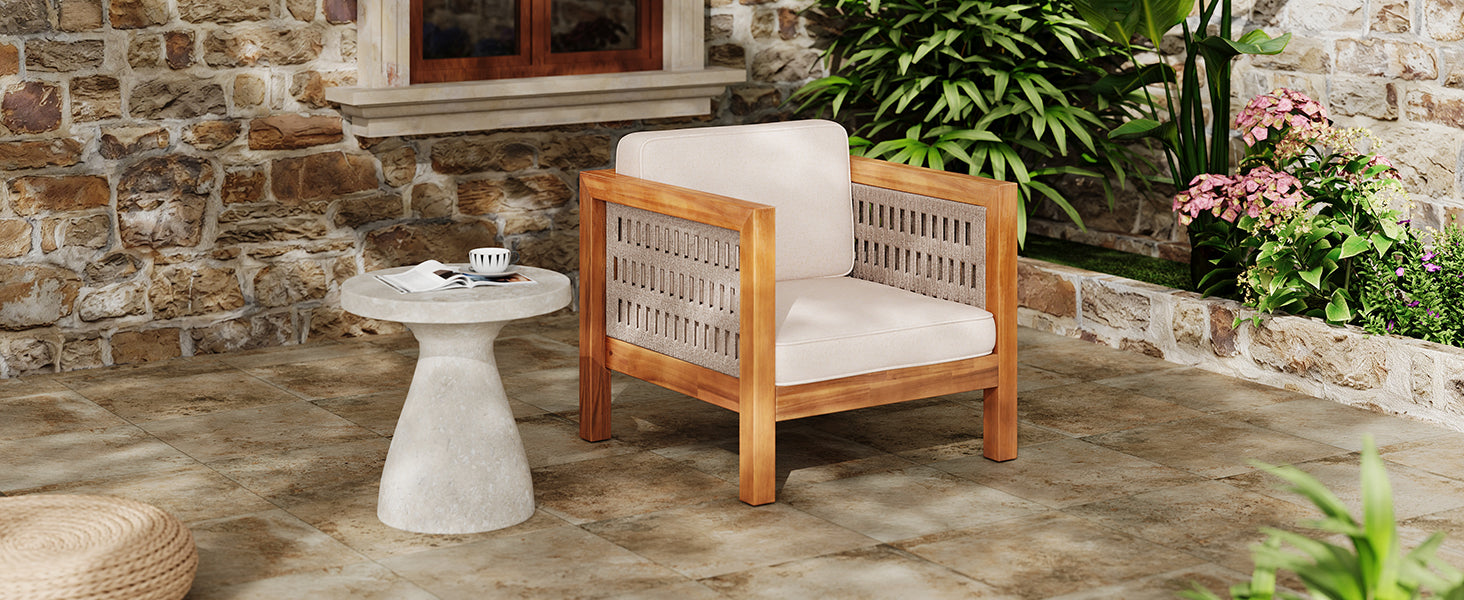 Acacia Wood Outdoor Club Chair with Beige Rope Arm and Beige Cushions,400 lbs Capacity image 4
