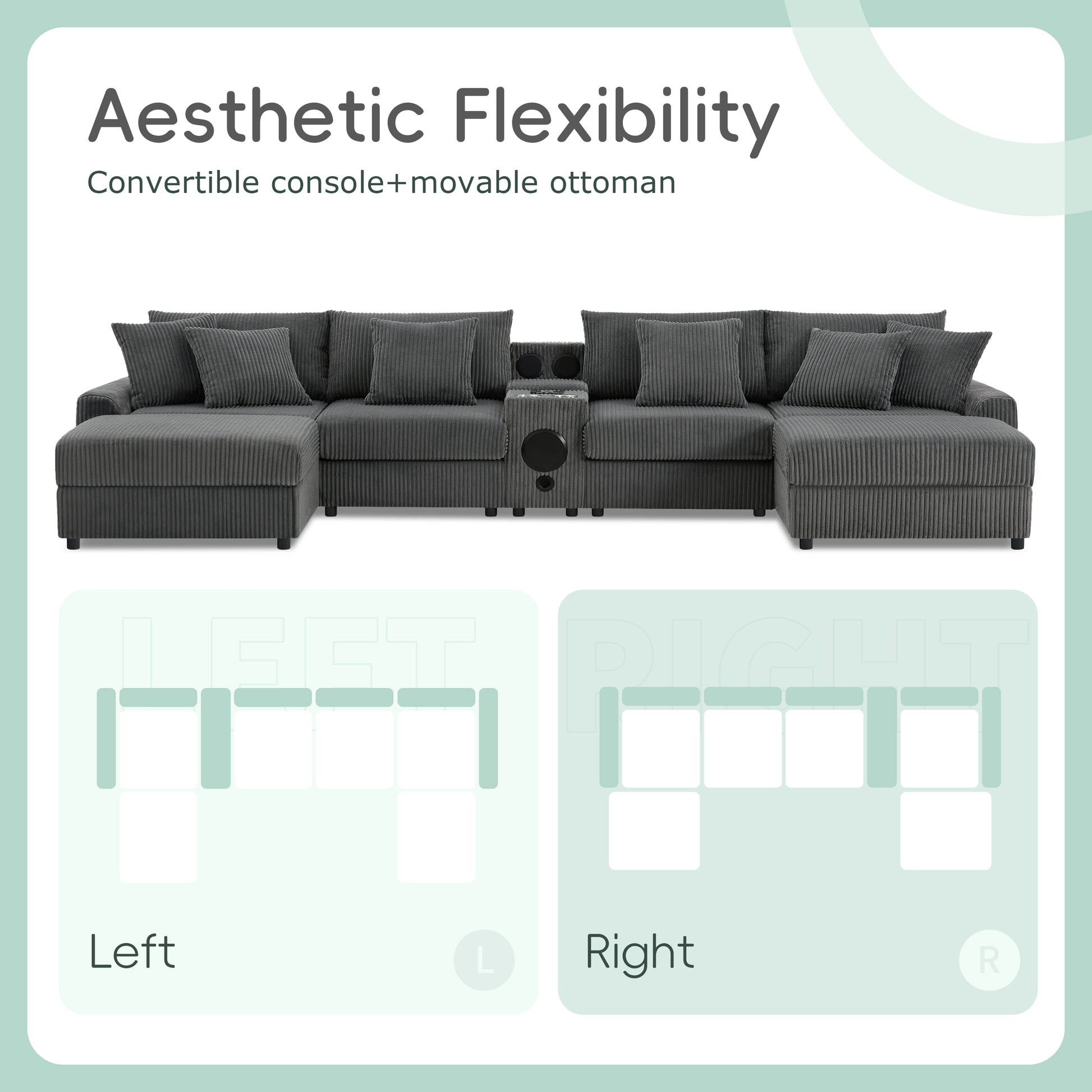 [VIDEO]141.5*64'' Corduroy Sectional Sofa with Bluetooth Speakers, U-Shaped Couch with Console, USB Charger, Cup Holders, Storage, Ottoman, Deep and Wide Seat Cloud Sofa for Living Room&Apartment image 7