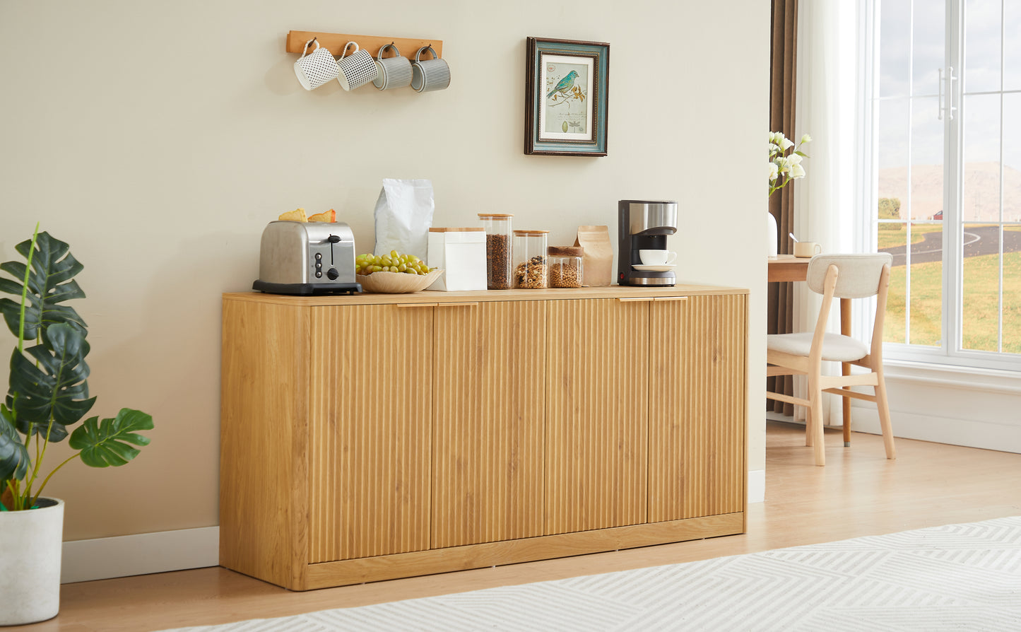 59-inch modern wavy sideboard, curved contour design storage cabinet, 4-door cabinet with storage function, suitable for kitchen/bedroom/living room, Natural, 59.0"L x 15.7"W x 27.7"H image 5