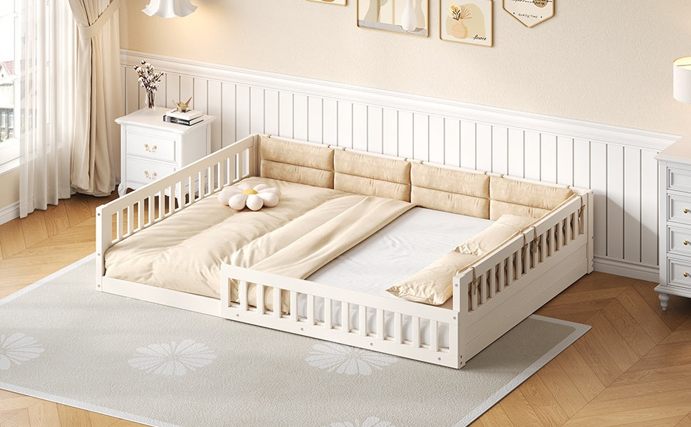 Wood Full Size Upholstered Platform Bed with Guardrail and Pillow, Beige image 4
