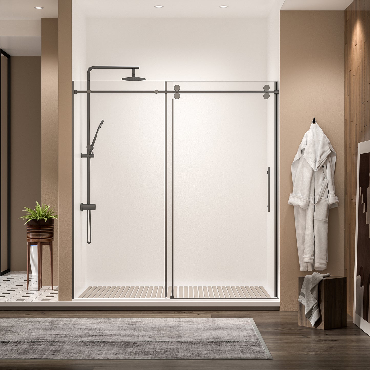 68-72" W * 76" H Stainless Steel Round Tube Frameless Single Sliding Shower Door, 3/8"-thick (10mm) SGCC Clear Tempered Glass Door, Reversible Installation, Matte Black image 1