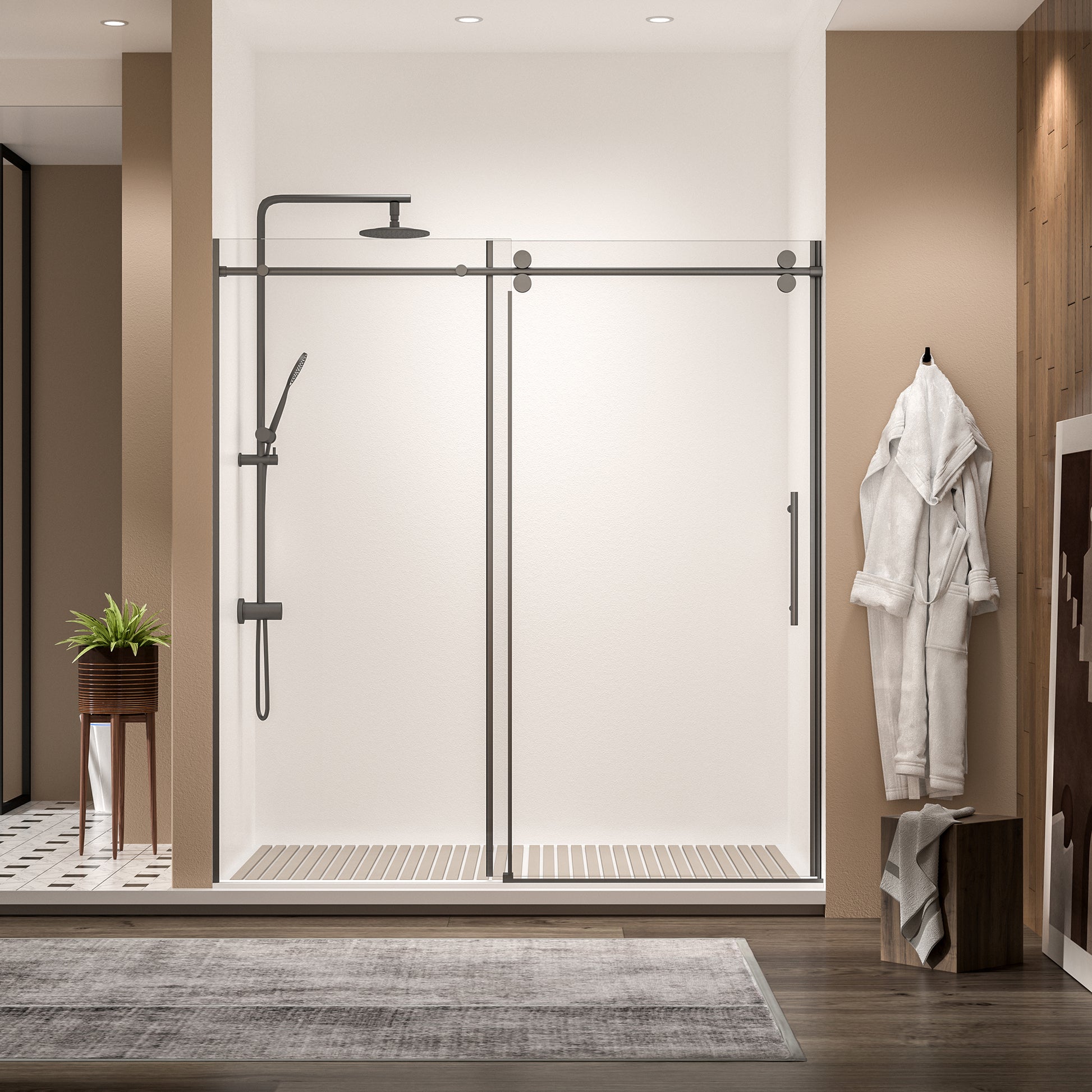 68-72" W * 76" H Stainless Steel Round Tube Frameless Single Sliding Shower Door, 3/8"-thick (10mm) SGCC Clear Tempered Glass Door, Reversible Installation, Matte Black image 1