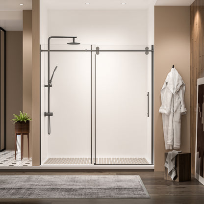 68-72" W * 76" H Stainless Steel Round Tube Frameless Single Sliding Shower Door, 3/8"-thick (10mm) SGCC Clear Tempered Glass Door, Reversible Installation, Matte Black image 1