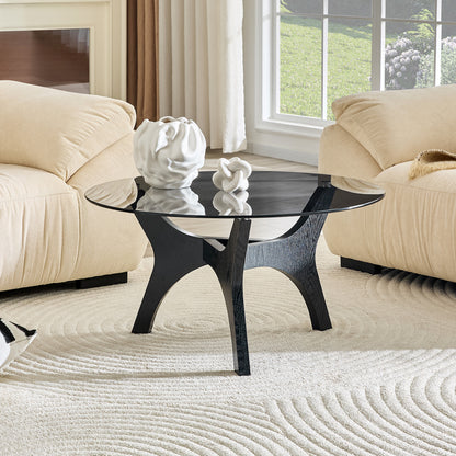 31.5" Glass Coffee Table, Mid-Century Modern Style, Ideal as a Centerpiece for Living Rooms, Bedrooms, Reception Areas, and Offices (Black Wood Grain) image 2